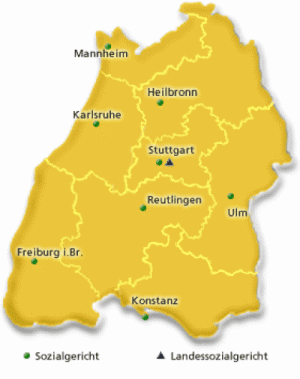Bild zeigt eine Kar5te von Baden-Württemberg mit den eingezeichneten Gerichtsstandorten Bild zeigt eine Kar5te von Baden-Württemberg mit den eingezeichneten Gerichtsstandorten